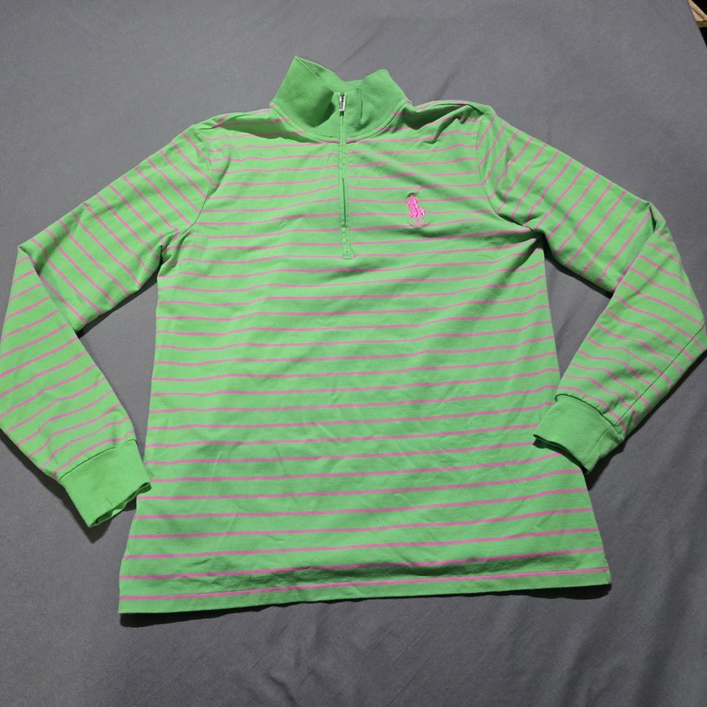Ralph Lauren Golf Pullover Womens M Green Pink Striped Quarter Zip Pima Cotton